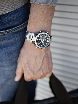 Angle shot of Casio Edifice ECB-2000D-1AEF Black Dial Grey Stainless Steel Mens Watch on white background