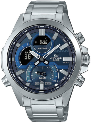 Front view of Casio Edifice ECB-30D-2AEF Blue Dial Grey Stainless Steel Mens Watch on white background