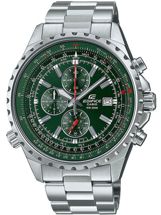 Front view of Casio Edifice Chronograph EF-527D-3AVUEF Green Dial Grey Stainless Steel Mens Watch on white background