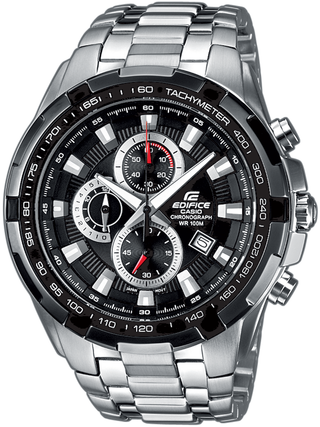 Front view of Casio Edifice Chronograph EF-539D-1AVEF Black Dial Grey Stainless Steel Mens Watch on white background