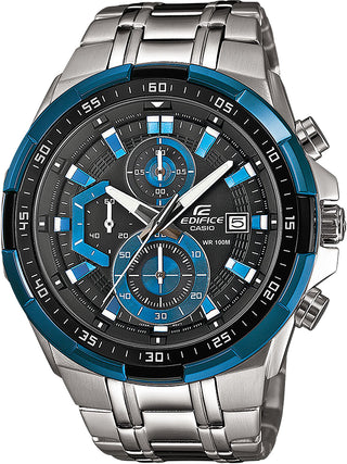 Front view of Casio Standard Chrono EFR-539D-1A2VUEF Black Dial Silver Stainless Steel Unisex Watch on white background