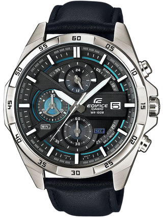 Front view of Casio Multilayer Chronograph Leather Black Blue EFR-556L-1AVUEF Black Leather Unisex Watch on white background