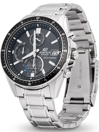 Angle shot of Casio Solar Powered Chronograph Black EFS-S510D-1AVUEF Black Dial Silver Stainless Steel Unisex Watch on white background