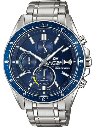 Front view of Casio Solar Powered Chronograph Blue EFS-S510D-2AVUEF Blue Dial Silver Stainless Steel Unisex Watch on white background