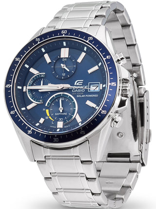 Angle shot of Casio Classic Slim Chronograph EFS-S510D-2AVUEF Blue Dial Silver Stainless Steel Unisex Watch on white background