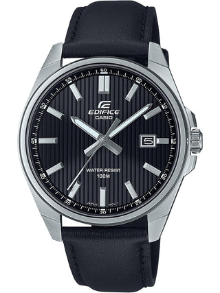 Front view of Casio Edifice EFV-150L-1AVUEF Black Stainless Steel Mens Watch on white background