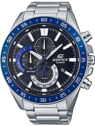 Front view of Casio Edifice Chronograph EFV-620D-1A2VUEF Black Dial Grey Stainless Steel Mens Watch on white background