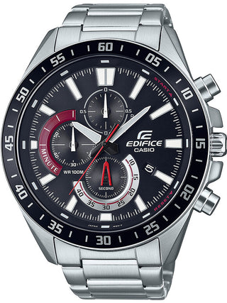 Front view of Casio Edifice Chronograph EFV-620D-1A4VUEF Black Dial Grey Stainless Steel Mens Watch on white background