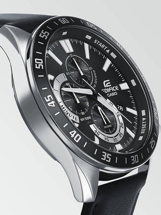 Angle shot of Casio Edifice Chronograph EFV-620L-1AVUEF Black Leather Mens Watch on white background