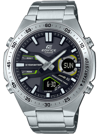 Front view of Casio Edifice EFV-C110D-1A3VEF Black Dial Grey Stainless Steel Mens Watch on white background