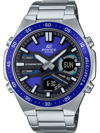 Front view of Casio Edifice EFV-C110D-2AVEF Blue Dial Grey Stainless Steel Mens Watch on white background