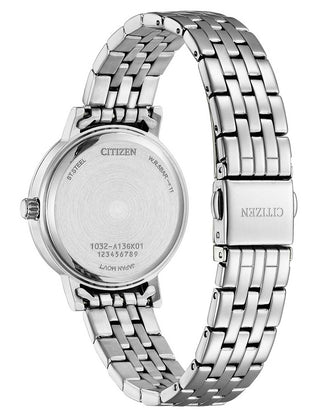 Angle shot of Citizen EL3100-55W Pink Dial Silver Stainless Steel Womens Watch on white background