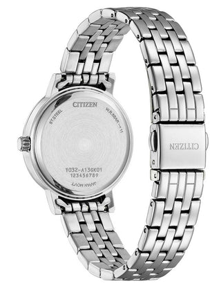 Angle shot of Citizen EL3100-55X Green Dial Silver Stainless Steel Womens Watch on white background