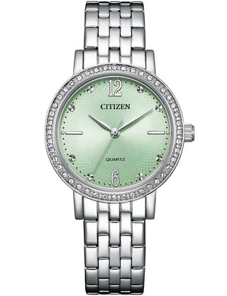 Front view of Citizen EL3100-55X Green Dial Silver Stainless Steel Womens Watch on white background