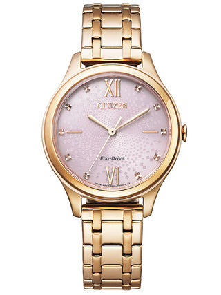 Front view of Citizen EM0503-75X Pink Dial Silver Stainless Steel Womens Watch on white background