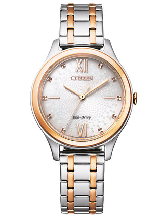Front view of Citizen EM0506-77A White Dial Silver Stainless Steel Womens Watch on white background