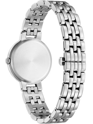 Angle shot of Citizen EM0990-81L Blue Dial Silver Stainless Steel Womens Watch on white background