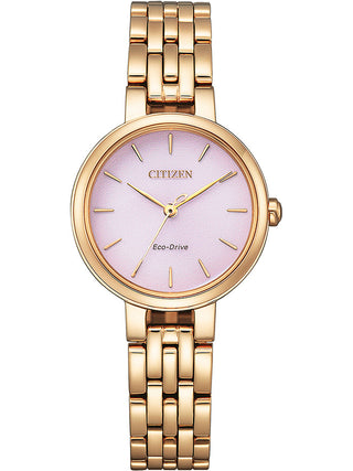 Front view of Citizen EM0993-82X Pink Dial Rose Gold Stainless Steel Womens Watch on white background