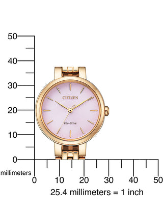 Angle shot of Citizen EM0993-82X Pink Dial Rose Gold Stainless Steel Womens Watch on white background