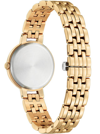 Angle shot of Citizen EM0993-82X Pink Dial Rose Gold Stainless Steel Womens Watch on white background