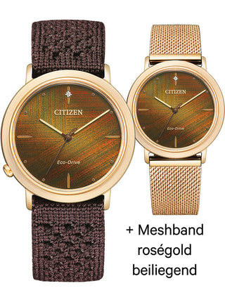 Front view of Citizen EM1003-48X Brown Textile Womens Watch on white background
