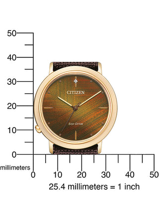 Angle shot of Citizen EM1003-48X Brown Textile Womens Watch on white background