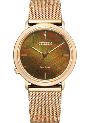 Angle shot of Citizen EM1003-48X Brown Textile Womens Watch on white background