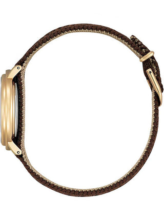 Angle shot of Citizen EM1003-48X Brown Textile Womens Watch on white background
