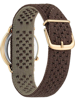 Angle shot of Citizen EM1003-48X Brown Textile Womens Watch on white background