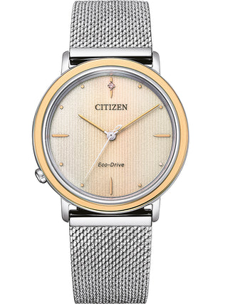 Angle shot of Citizen EM1006-40A Beige Textile Womens Watch on white background