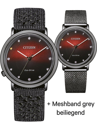 Front view of Citizen EM1007-47E Black Textile Womens Watch on white background