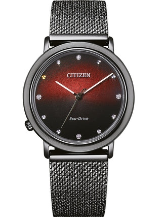 Angle shot of Citizen EM1007-47E Black Textile Womens Watch on white background