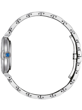 Angle shot of Citizen EM1060-87N Blue Dial Rose Gold Stainless Steel Womens Watch on white background