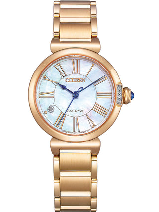 Front view of Citizen EM1063-89D Mother Of Pearl Dial Silver Stainless Steel Womens Watch on white background