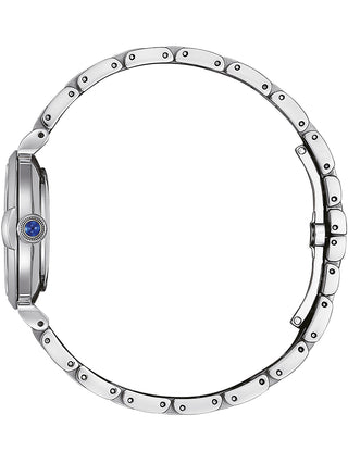 Angle shot of Citizen EM1070-83D Mother Of Pearl Dial Silver Stainless Steel Womens Watch on white background