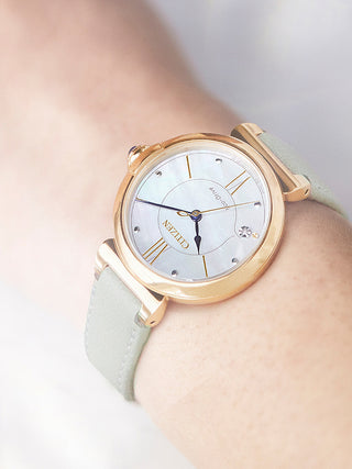Angle shot of Citizen EM1073-18D Mother Of Pearl Dial Beige Leather Womens Watch on white background