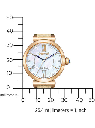 Angle shot of Citizen EM1073-18D Mother Of Pearl Dial Beige Leather Womens Watch on white background