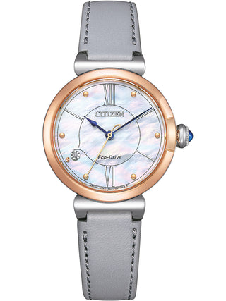 Front view of Citizen EM1074-15D Mother Of Pearl Dial Grey Leather Womens Watch on white background