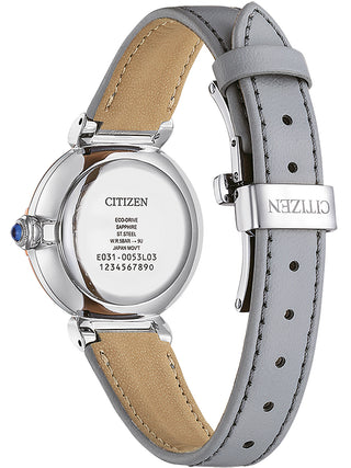 Angle shot of Citizen EM1074-15D Mother Of Pearl Dial Grey Leather Womens Watch on white background