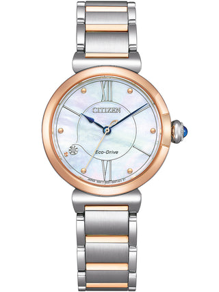 Front view of Citizen EM1074-82D Mother Of Pearl Dial Silver Stainless Steel Womens Watch on white background