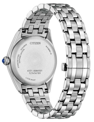 Angle shot of Citizen EM1140-80X Red Dial Silver Stainless Steel Womens Watch on white background