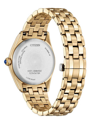 Angle shot of Citizen EM1143-81X Blue Dial Gold Stainless Steel Womens Watch on white background