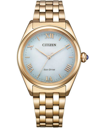 Front view of Citizen EM1143-81X Blue Dial Gold Stainless Steel Womens Watch on white background