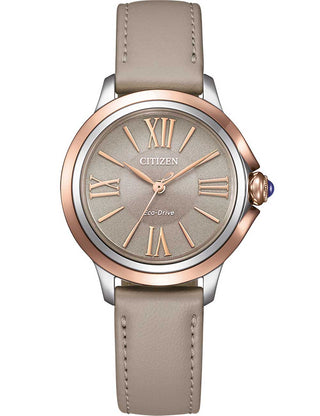 Front view of Citizen EM1166-01Z Beige Leather Womens Watch on white background