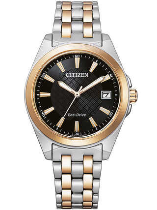 Front view of Citizen EO1213-85E Black Dial Rose Gold Stainless Steel Womens Watch on white background