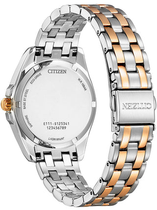 Angle shot of Citizen EO1213-85E Black Dial Rose Gold Stainless Steel Womens Watch on white background