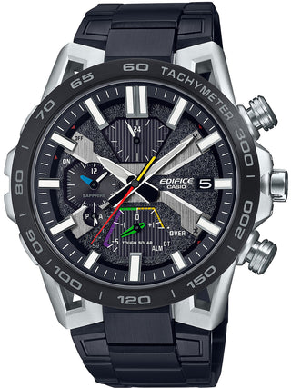 Front view of Casio Racing Multicolor EQB-2000DC-1AER Black Stainless Steel Unisex Watch on white background