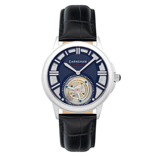 Front view of Thomas Earnshaw ES-8239-02 Blue Dial Black Leather Unisex Watch on white background