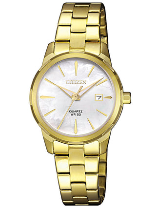 Front view of Citizen Basic EU6072-56D Mother Of Pearl Dial Gold Stainless Steel Womens Watch on white background