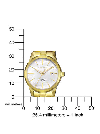 Angle shot of Citizen Basic EU6072-56D Mother Of Pearl Dial Gold Stainless Steel Womens Watch on white background